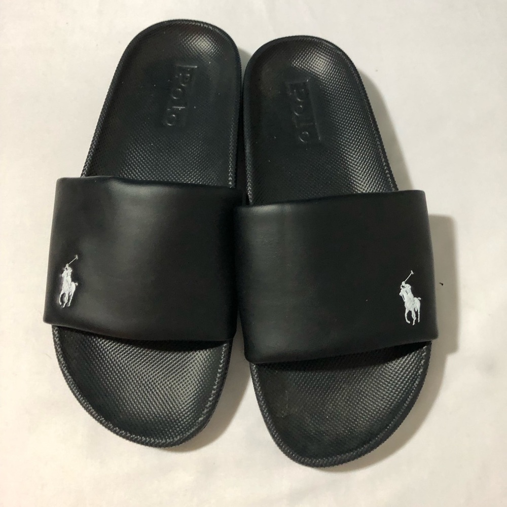 Polo Ralph Lauren mens cayson black slides white pony sz 9 pool beach gym shoes